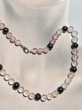 Rose Quartz Beads and Black Freshwater Pearls Necklace.